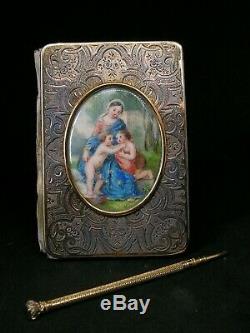 Ancien carnet de bal en argent ciselé massif tableau miniature peinte porte mine