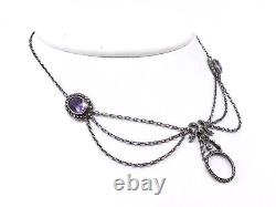 Ancien collier draperie pendentif en argent massif et améthystes 1900