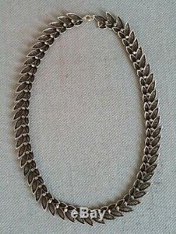 Ancien collier ras de cou argent massif 925 feuilles filigranes necklace silver