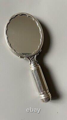 Ancien miroir à main argent massif avec poudrier et rouge à lèvres intégré