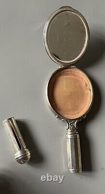 Ancien miroir à main argent massif avec poudrier et rouge à lèvres intégré