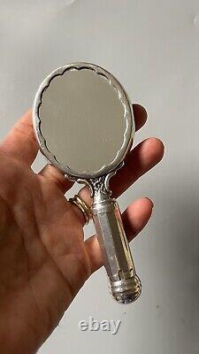 Ancien miroir à main argent massif avec poudrier et rouge à lèvres intégré