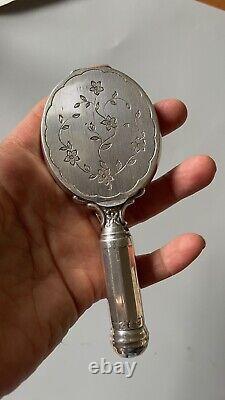Ancien miroir à main argent massif avec poudrier et rouge à lèvres intégré