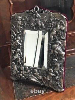 Ancien miroir victorienne en argent massif cherubin putti XIX eme