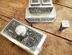 Ancien nécessaire 3 Pièces d'écriture en Argent Indochine complet RARE