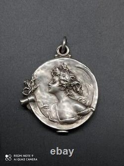 Ancien pendentif, miroir de sac art nouveau femme signé argent massif poinçonné