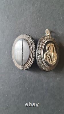 Ancien pendentif porte souvenir ébonite monogramme argent massif 19ème siècle
