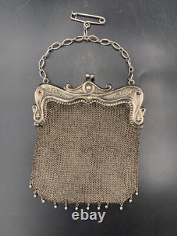 Ancien sac bourse aumônière en argent massif Art Nouveau c. 1900 148 g