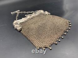 Ancien sac bourse aumônière en argent massif Art Nouveau c. 1900 148 g