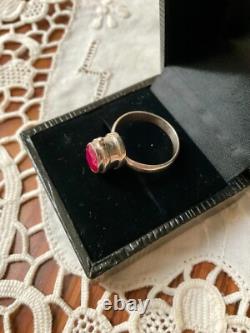 Ancienne Bague A Poison Argent Massif Ajourée Pierre Rubis Véritable