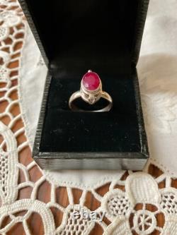 Ancienne Bague A Poison Argent Massif Ajourée Pierre Rubis Véritable