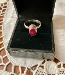 Ancienne Bague A Poison Argent Massif Ajourée Pierre Rubis Véritable