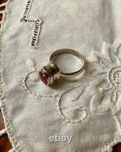 Ancienne Bague A Poison Argent Massif Ajourée Pierre Rubis Véritable