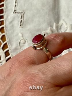 Ancienne Bague A Poison Argent Massif Ajourée Pierre Rubis Véritable
