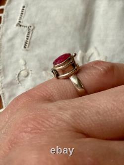 Ancienne Bague A Poison Argent Massif Ajourée Pierre Rubis Véritable