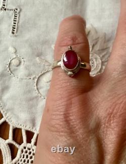 Ancienne Bague A Poison Argent Massif Ajourée Pierre Rubis Véritable