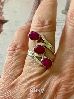 Ancienne Bague Argent Massif 3 Rubis Véritables Bijou Unique