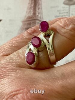 Ancienne Bague Argent Massif 3 Rubis Véritables Bijou Unique
