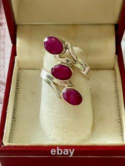 Ancienne Bague Argent Massif 3 Rubis Véritables Bijou Unique