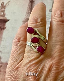 Ancienne Bague Argent Massif 3 Rubis Véritables Bijou Unique