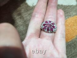 Ancienne Bague Argent Massif 9 rubis fleurs Silver Ring 925 Anneaux collection