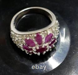 Ancienne Bague Argent Massif 9 rubis fleurs Silver Ring 925 Anneaux collection