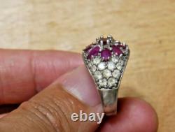 Ancienne Bague Argent Massif 9 rubis fleurs Silver Ring 925 Anneaux collection