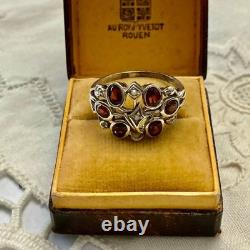Ancienne Bague Argent Massif Grenat Et Perle Fine Poinçon