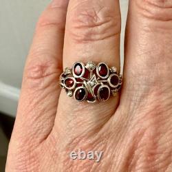 Ancienne Bague Argent Massif Grenat Et Perle Fine Poinçon