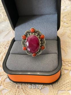 Ancienne Bague Argent Massif Imposant Rubis Et Corail Véritables Poinçon