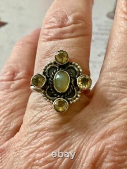 Ancienne Bague Argent Massif Opale Et 4 Citrines Véritables Createur