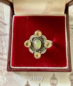 Ancienne Bague Argent Massif Opale Et 4 Citrines Véritables Createur