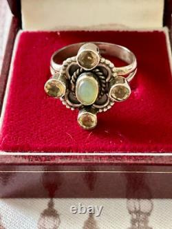 Ancienne Bague Argent Massif Opale Et 4 Citrines Véritables Createur