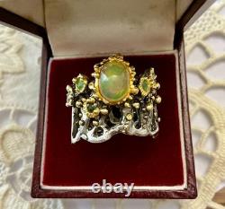 Ancienne Bague Argent Massif Or Opale Et Émeraudes Créateur Design
