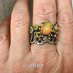 Ancienne Bague Argent Massif Or Opale Et Émeraudes Créateur Design