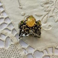 Ancienne Bague Argent Massif Or Opale Et Émeraudes Créateur Design
