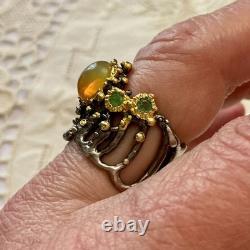 Ancienne Bague Argent Massif Or Opale Et Émeraudes Créateur Design