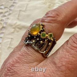 Ancienne Bague Argent Massif Or Opale Et Émeraudes Créateur Design