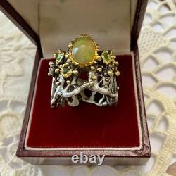 Ancienne Bague Argent Massif Or Opale Et Émeraudes Créateur Design