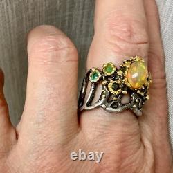 Ancienne Bague Argent Massif Or Opale Et Émeraudes Créateur Design