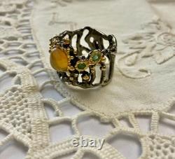 Ancienne Bague Argent Massif Or Opale Et Émeraudes Créateur Design