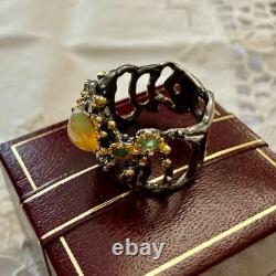 Ancienne Bague Argent Massif Or Opale Et Émeraudes Créateur Design