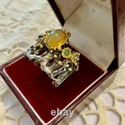 Ancienne Bague Argent Massif Or Opale Et Émeraudes Créateur Design