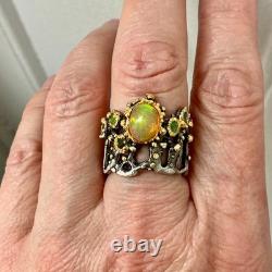 Ancienne Bague Argent Massif Or Opale Et Émeraudes Créateur Design
