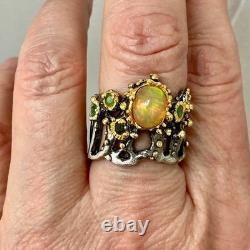 Ancienne Bague Argent Massif Or Opale Et Émeraudes Créateur Design