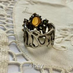 Ancienne Bague Argent Massif Or Opale Et Émeraudes Créateur Design