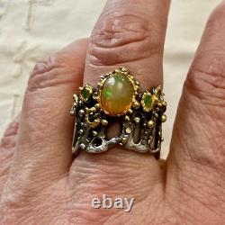 Ancienne Bague Argent Massif Or Opale Et Émeraudes Créateur Design