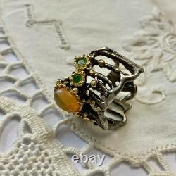 Ancienne Bague Argent Massif Or Opale Et Émeraudes Créateur Design