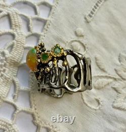 Ancienne Bague Argent Massif Or Opale Et Émeraudes Créateur Design