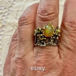 Ancienne Bague Argent Massif Or Opale Et Émeraudes Créateur Design